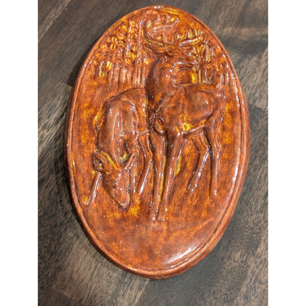 Vtg‎ MCM 1969 Deer Ceramic Wall Plaque Buck Doe Hunting Cabin Lodge Rustic Decor